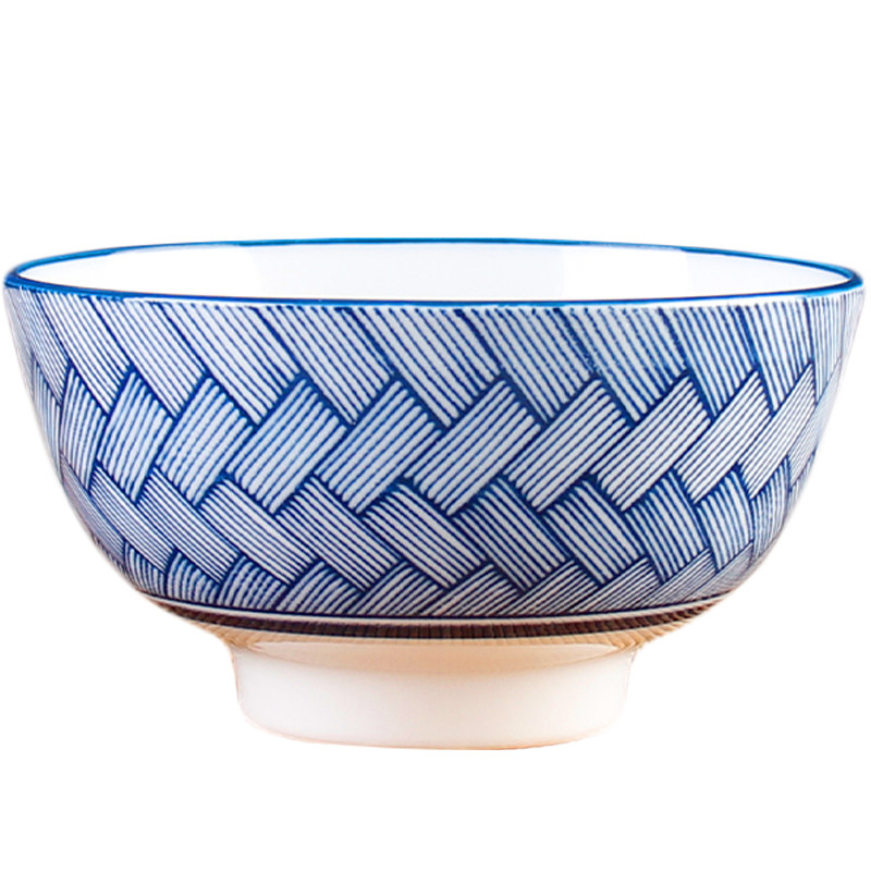 馨明园釉下彩丰收碗青花瓷创意条纹格子饭碗中号面碗高脚直口白瓷