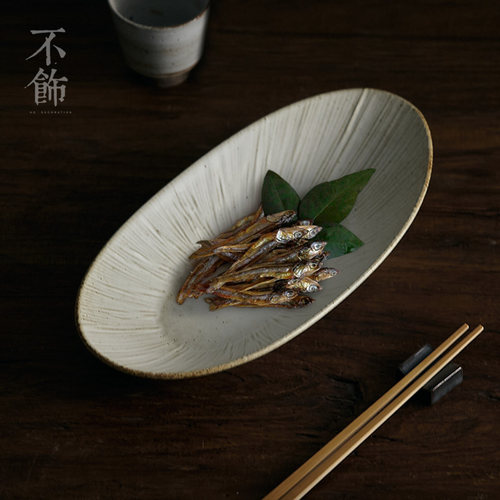 不饰【一秋叶】日式椭圆形长盘复古粗陶鱼盘料理盘餐厅美食道具 - 图0