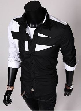 韩式风撞色长袖衬衫潮流修身男款衬衣黑色men s casual shirt top