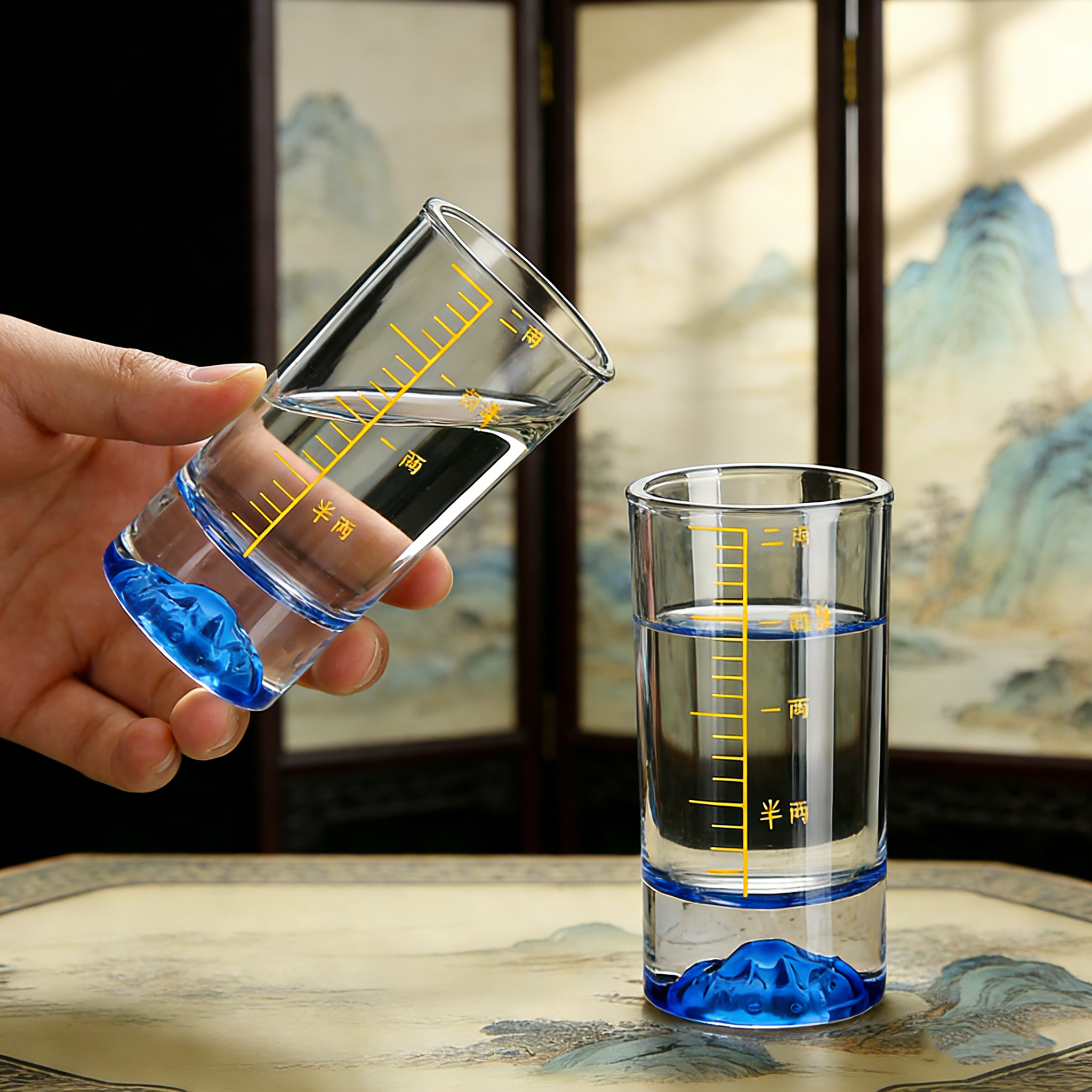 6只二两白酒杯带刻度玻璃杯透明酒杯家用酒具蓝山100ml酒杯套装,淘宝优惠券,粉丝福利购,淘宝优惠卷