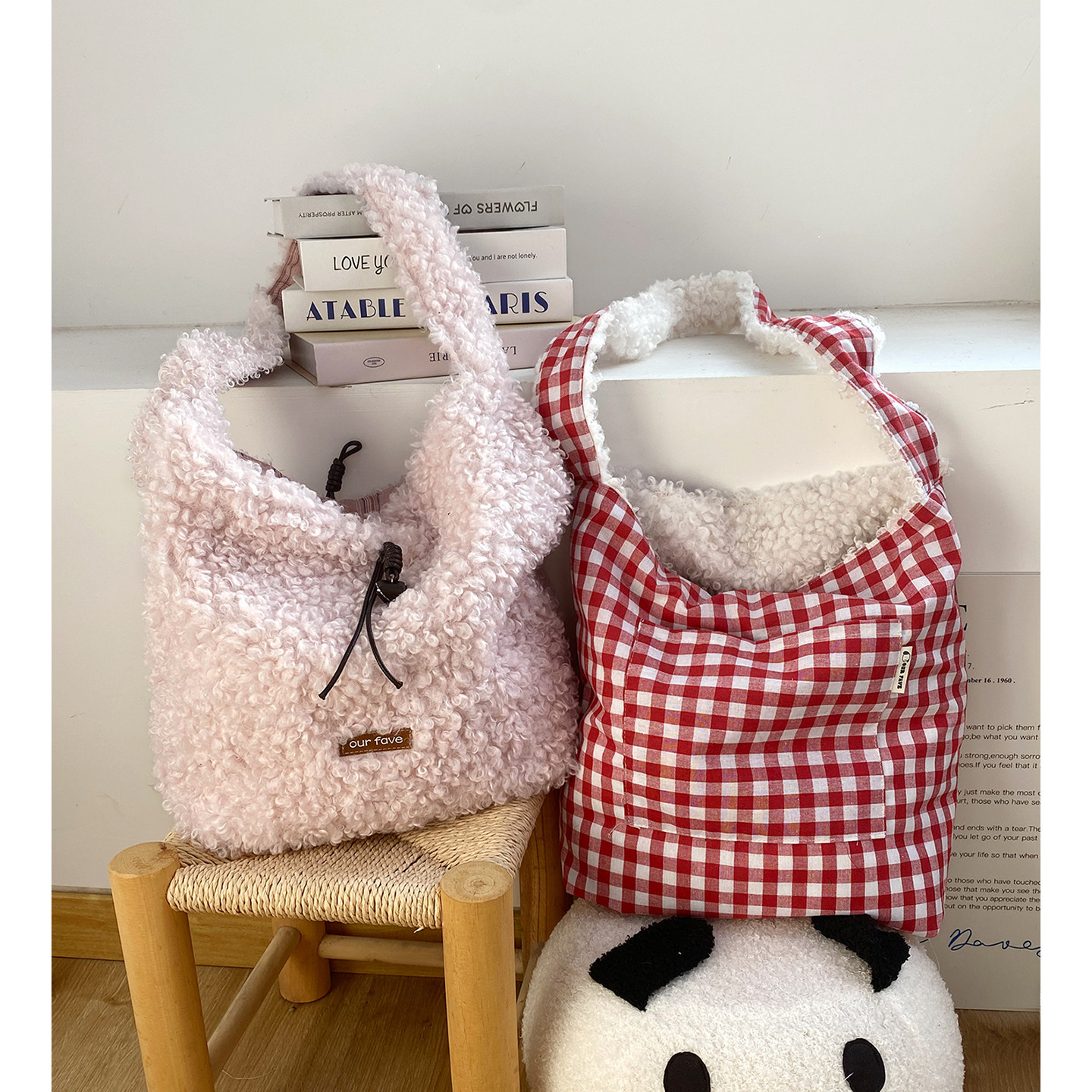 韩系慵懒风毛绒斜挎双面包百搭秋冬温柔小清新甜美格纹羊羔毛单肩,淘宝优惠券,粉丝福利购,淘宝优惠卷