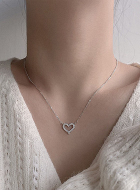 S925纯银满钻爱心项链女轻奢小众