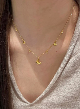 纯银爆闪金色镂空小蝴蝶项链女款