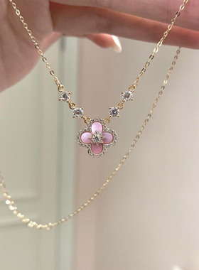 纯银粉色贝母四叶草闪钻项链女款