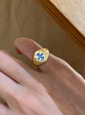 中古金色鸢尾花印章戒指女老钱风