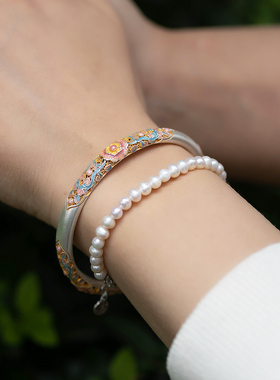 国风彩色描金珐琅镂空海棠花手镯