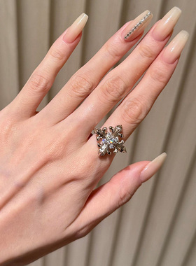 银色爆闪鸢尾花戒指女轻奢高级感