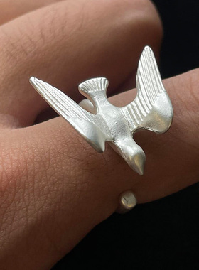 冷淡风银色哑光磨砂飞鸟戒指轻奢