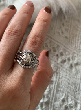 中古银黑色镂空繁花古董椭圆戒指