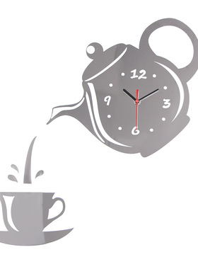 北欧复古艺术时钟黑色茶壶杯子挂钟时尚创意钟表静音石英墙钟