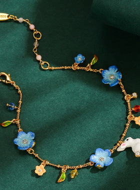 新款原创潮流时尚珐琅彩釉白色立体小兔子蓝花树叶多坠流苏手链女