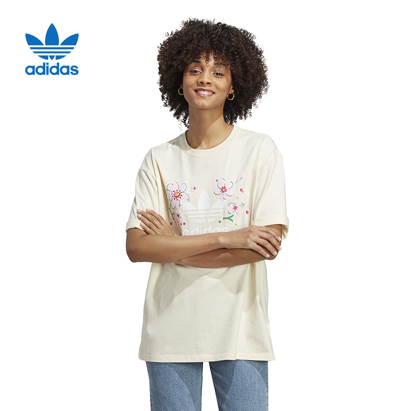 adidas阿迪达斯三叶草女子花朵印花宽松短袖T恤春季新款IP3751-图0