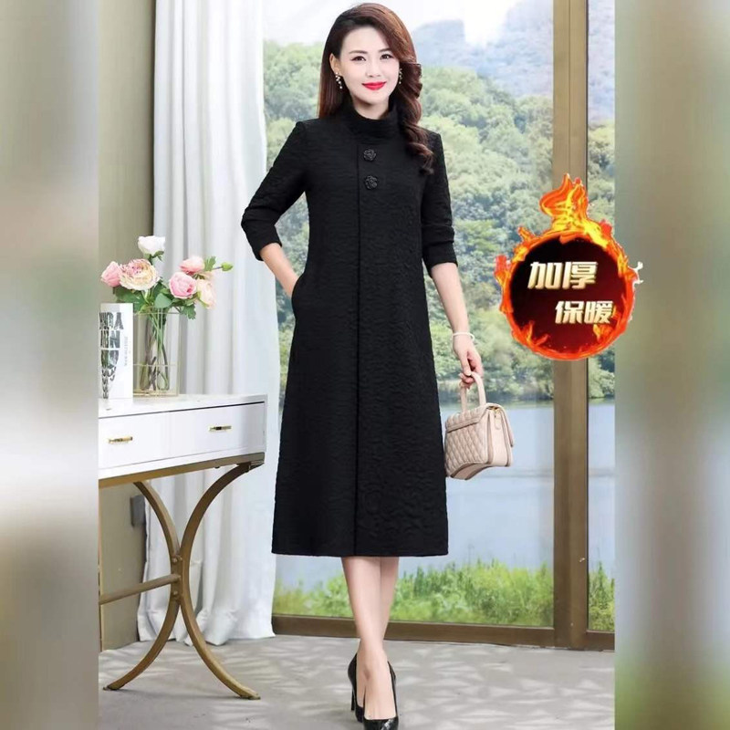 网红同款新品加厚弹力保暖裙女长款早春爆款长袖立领玫瑰花连衣裙