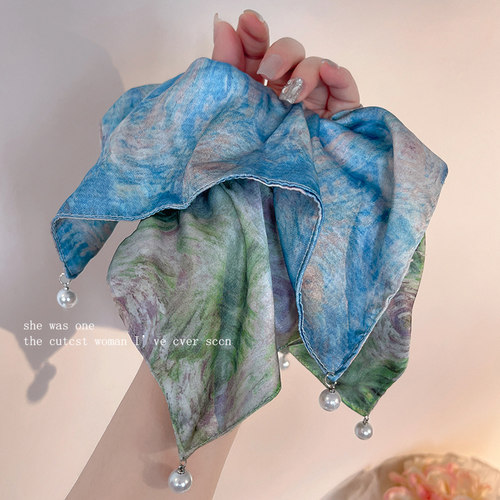 蓝色油画方巾珍珠发圈女高级感扎头发扎低马尾发绳独特气质发饰 - 图0