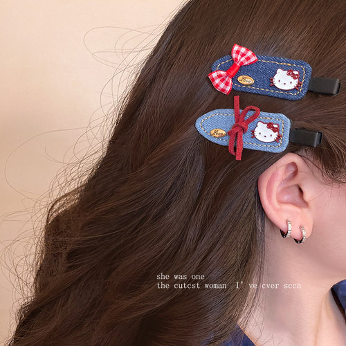 蓝色蝴蝶结Kitty猫咪发夹女卡通无痕鸭嘴夹侧边碎发刘海发卡头饰 - 图1