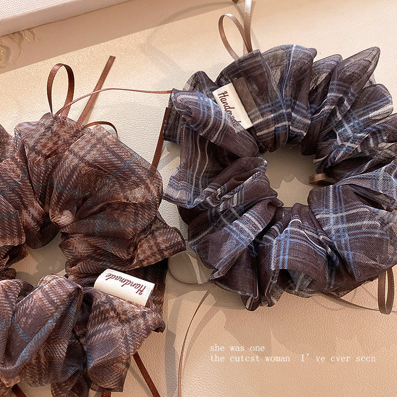 韩系咖色网纱格子蝴蝶结大肠发圈女复古慵懒风百搭头饰发绳扎头发,淘宝优惠券,粉丝福利购,淘宝优惠卷