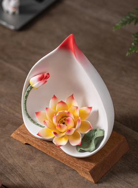 手工瓷花客厅莲花陶瓷摆件新中式