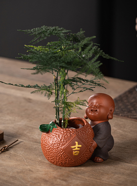 可爱小和尚文竹盆栽陶瓷水培绿植花瓶办公室桌面茶桌禅意装饰摆件
