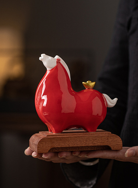 红色陶瓷唐马一对招财家居玄关酒柜桌面摆件办公室吉祥物生肖马