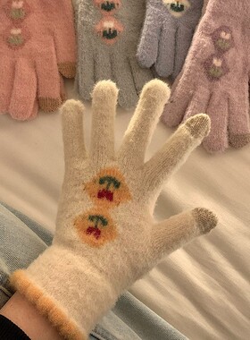 可爱毛绒触屏针织五指手套女冬季保暖加绒加厚学生防寒冻骑行骑车
