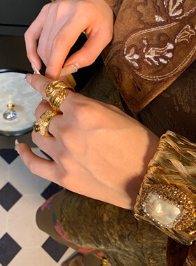 岁月鎏光~复古vintage轻奢小众金色巴洛克开口手镯叠带金色戒指