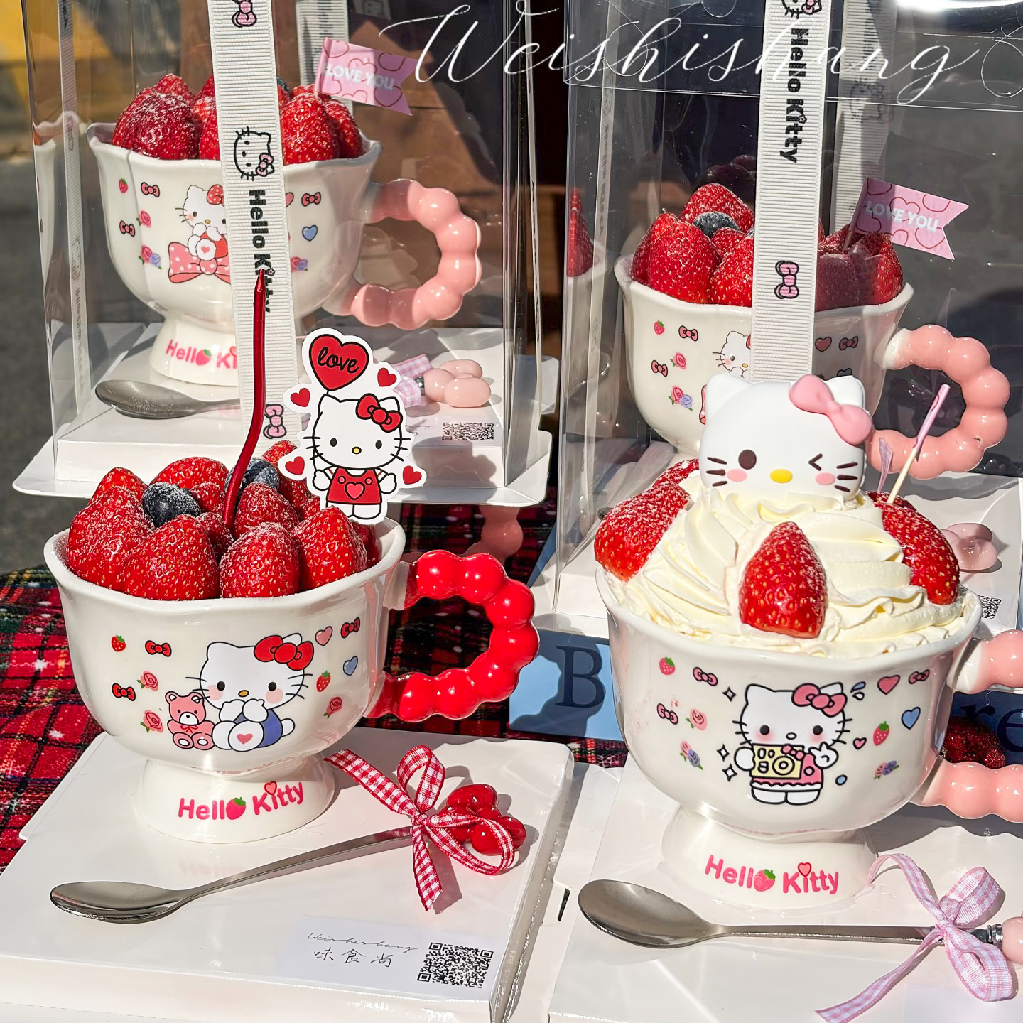 包邮网红kt草莓杯陶瓷圣诞草莓塔节日杯子蛋糕蝴蝶结装饰小猫摆件 - 图1