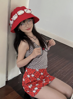 自制甜美HelloKitty红色遮阳帽亚文化Y2K出游渔夫帽夏日百搭帽子
