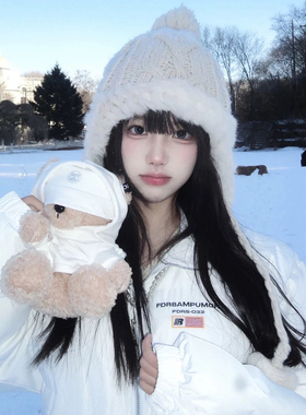 长白山兔毛针织雷锋帽女冬季雪地毛绒线帽女可爱毛球保暖护耳帽子
