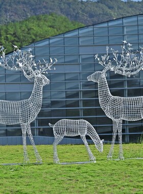 户外不锈钢铁艺线条梅花鹿雕塑田园园林草坪景观大型动物装饰摆件