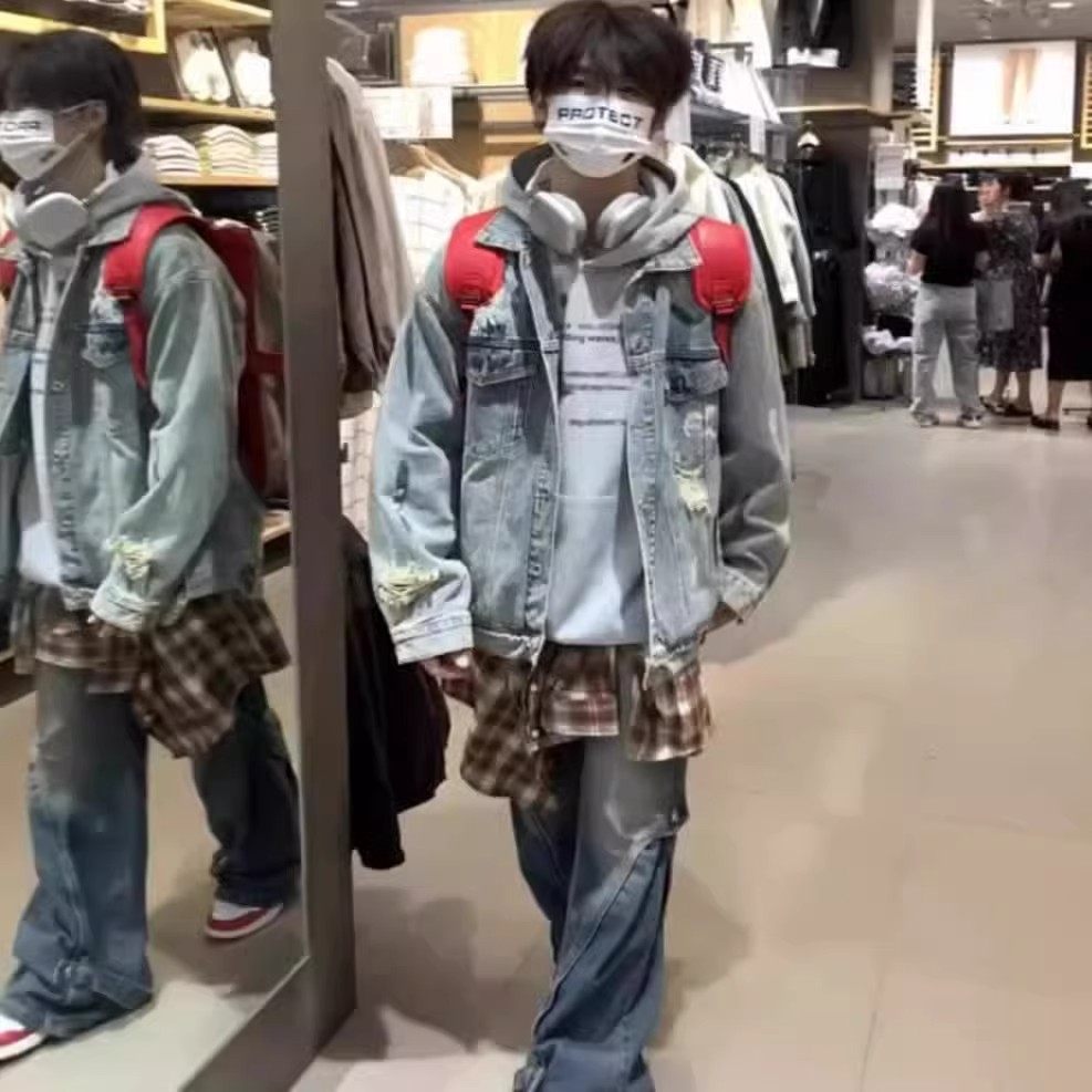 美式扎染破洞牛仔外套男春秋季新款宽松bf高街学院风情侣夹克痞帅,淘宝优惠券,粉丝福利购,淘宝优惠卷