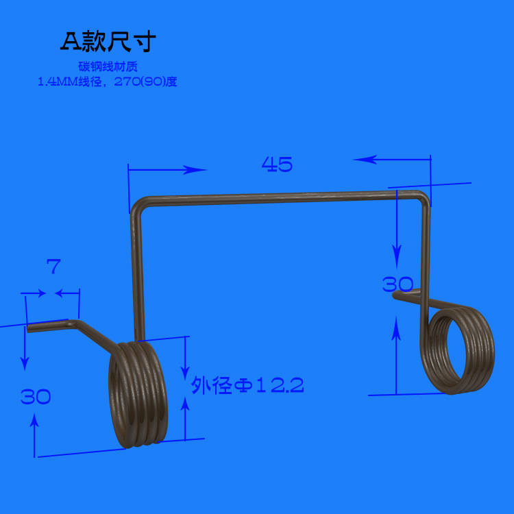 现货定做碳钢线不锈钢双扭簧线径1.3毫米270度90度双圈扭力弹簧厂 - 图1