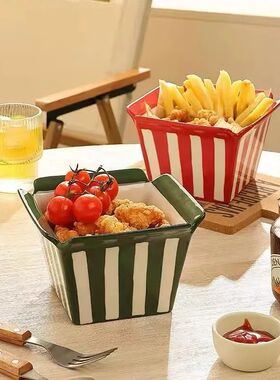 Square Striped Ceramic Bowl Creative Popcorn Fries Salad Fri