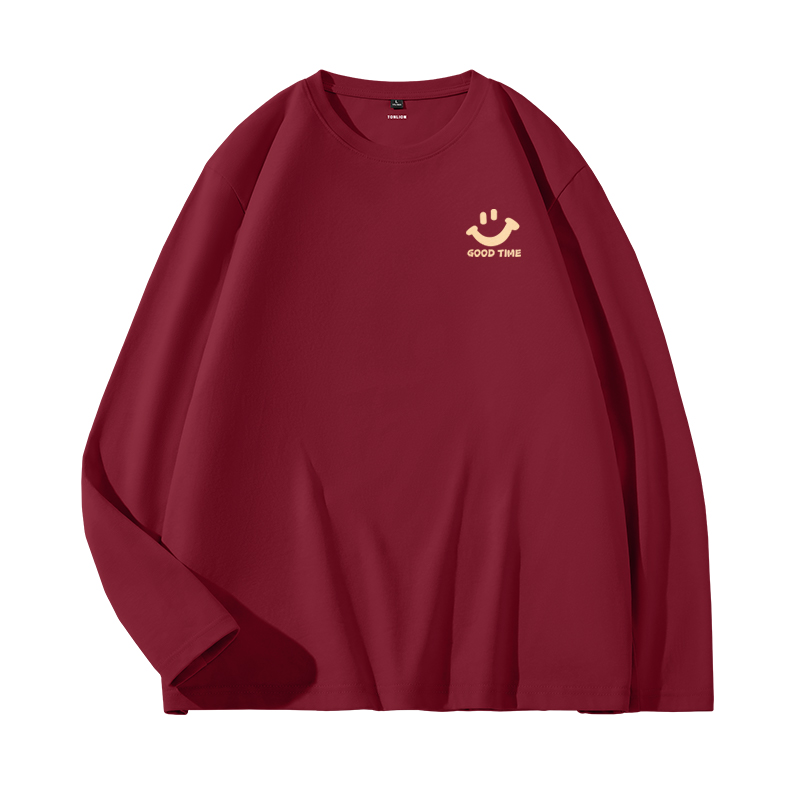 唐狮长袖t恤男2025新款纯棉宽松酒红色内搭情侣新年笑脸打底衫HW