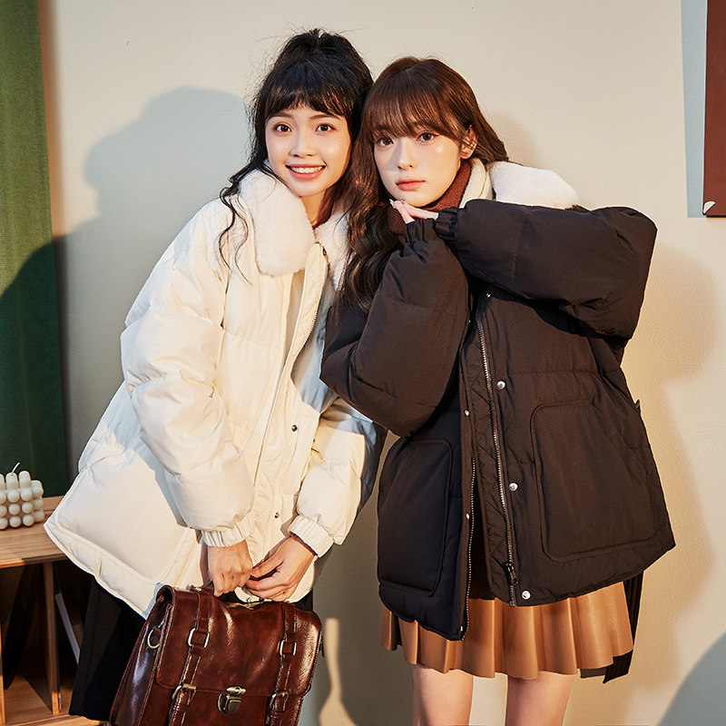 唐狮甜美收腰白色女士新款风羽绒服 唐狮outlets店羽绒服