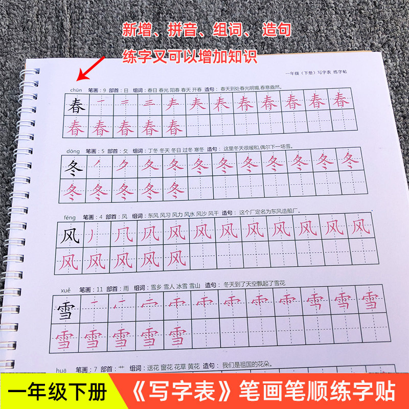 部编人教版一年级下册练字帖写识字表识一二类字带组词拼音描红本