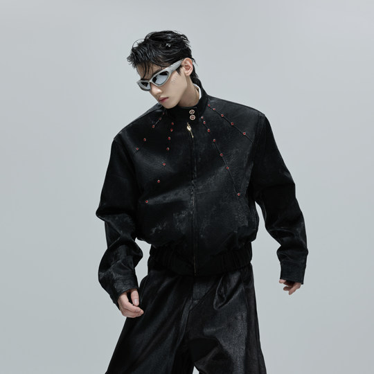 Blood python textured leather jacket with gem-embellished stand-up collar