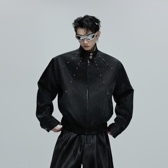 Blood python textured leather jacket with gem-embellished stand-up collar