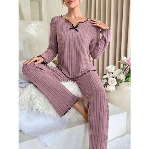 Women Autumn Winter Sleepwear Ribbed Pajamas Set Long Sleeve - 图2