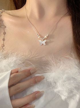 新款蝴蝶珍珠串珠项链时尚设计感配饰通勤百搭轻奢简约身体锁骨链