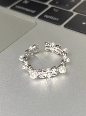 「心动狙击」甜美珍珠蝴蝶结戒指气质高级感小众独特开口指环闺蜜
