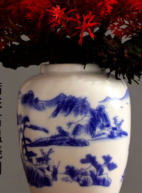 青花瓷满彩花器 家居摆件客厅办公室茶室花瓶 软装饰品仿红迎客松