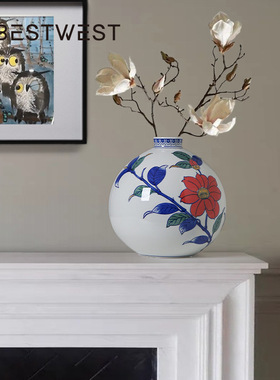 Best west 新中式复古双耳青花瓷陶瓷花瓶摆件家居酒壶花器装饰品