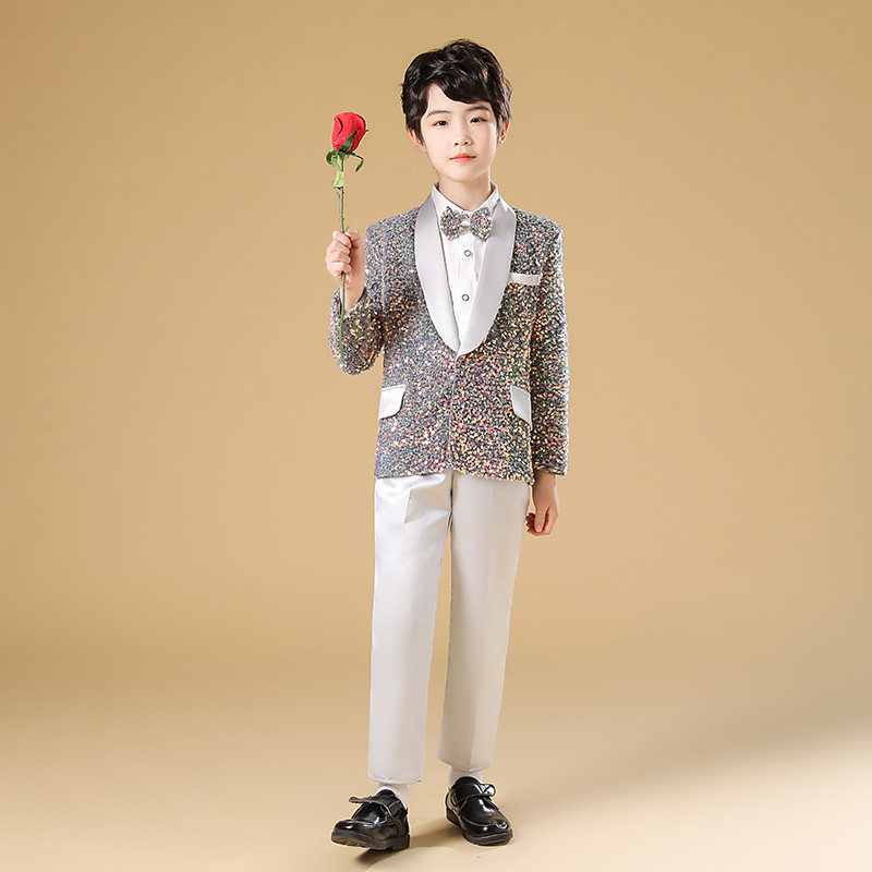 小男孩幻彩灰亮片钢琴表演礼服男童舞台演出服小西装西裤衬衫套装,淘宝优惠券,粉丝福利购,淘宝优惠卷