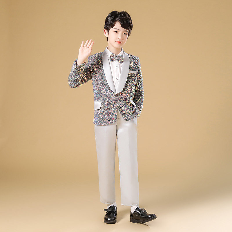 小男孩幻彩灰亮片钢琴表演礼服男童舞台演出服小西装西裤衬衫套装,淘宝优惠券,粉丝福利购,淘宝优惠卷