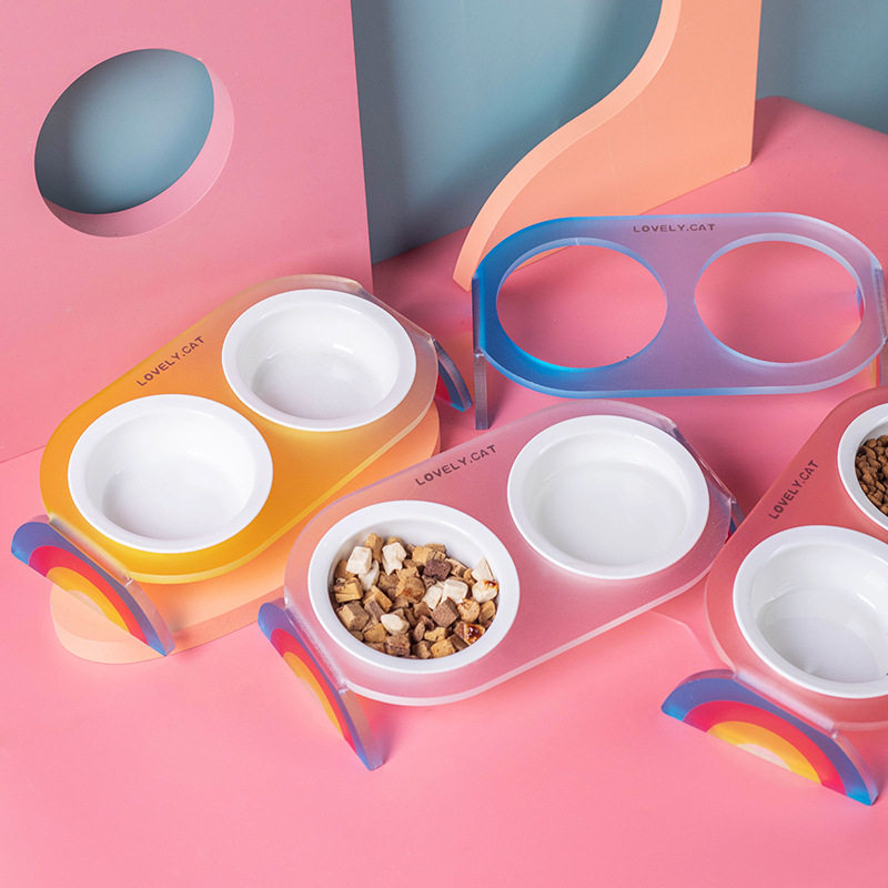 猫碗陶瓷双碗水粮架倾斜宠物用品颈椎碗碗彩虹护高脚碗宠物亚克力,淘宝优惠券,粉丝福利购,淘宝优惠卷