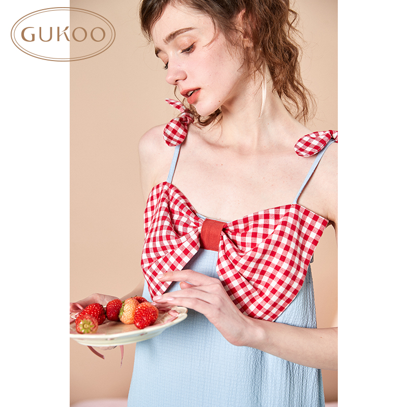 Gukoo/果壳YSO睡衣女夏舒适蓝色蝴蝶结吊带睡裙