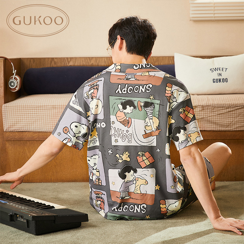 Gukoo/果壳睡衣情侣夏史努比联名家居服满印套装可外穿