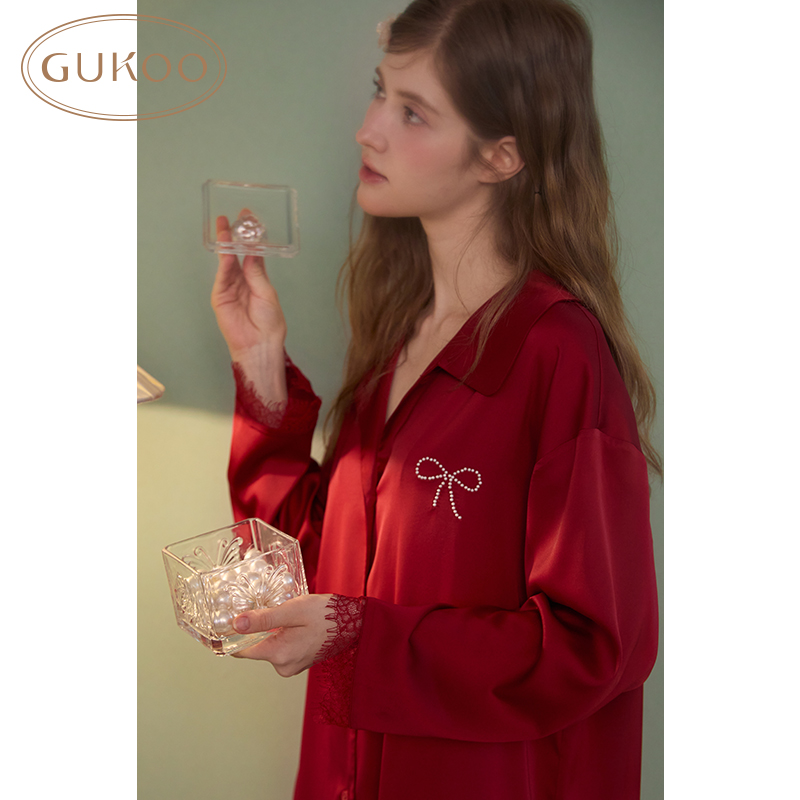 Gukoo/果壳睡衣女春秋款冰丝质感红色蕾丝花边家居服睡裙 - 图1