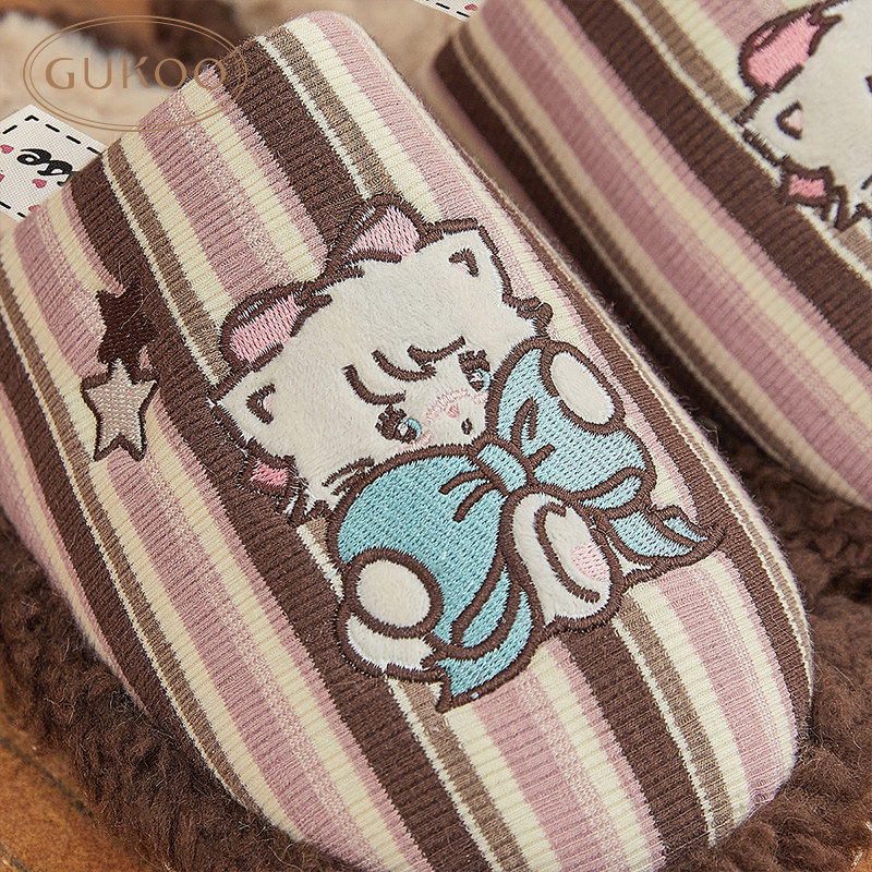 Gukoo/果壳拖鞋女秋冬款mikko系列条纹毛绒包头居家拖鞋,淘宝优惠券,粉丝福利购,淘宝优惠卷