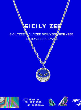 克莱因蓝旋转朋克卡通项链